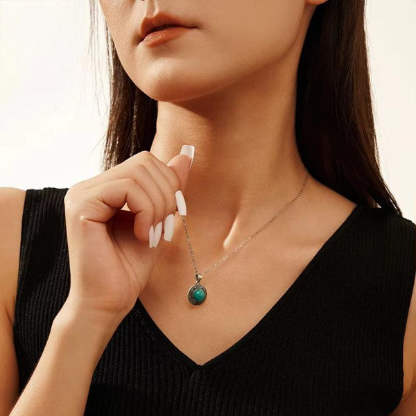 Oxide Silver Turquoise Round Pendant Necklace with Zirconia Women