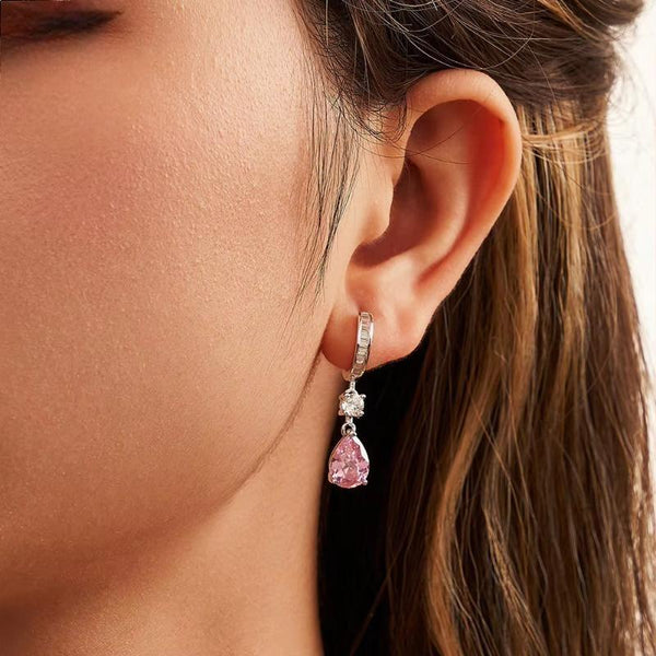 Genuine 925 Sterling Silver 5A Clear Pink CZ Dangle Earrings