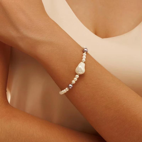 925 Sterling Silver Vintage Minimalist Irregular Pearl Chain Bracelet Charm Beads Bracelet