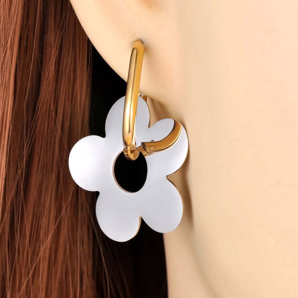 Fashion Hoop Earrings For Women Girls Stainless Steel Flower Charm Hoop Earrings