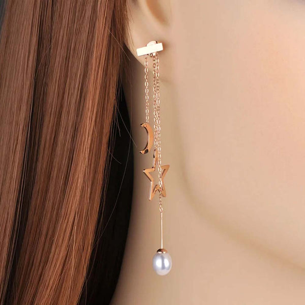 Trendy Stainless Steel Star Moon Tassel Drop Earrings