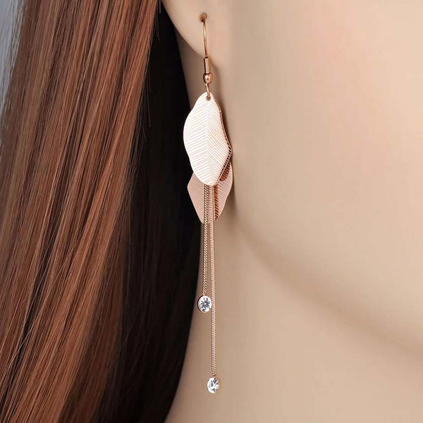 Bohemia Stainless Steel CZ Crystal Double Leaves Tassel Earrings