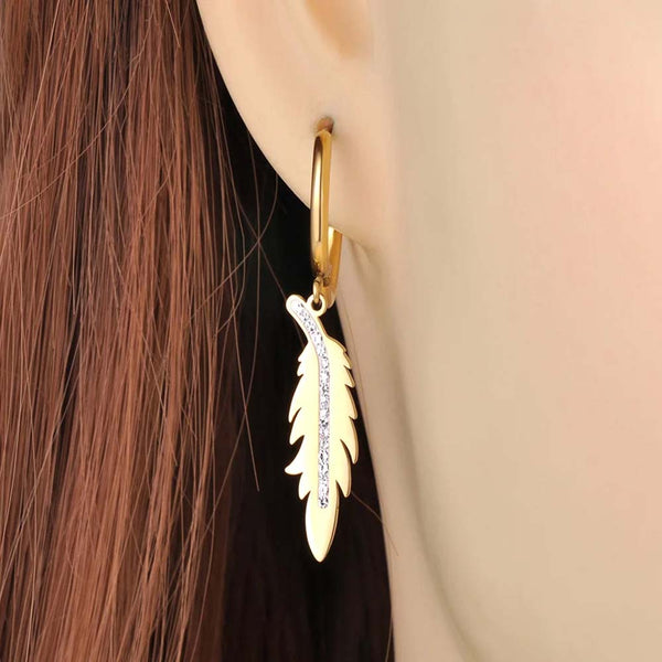 Titanium Stainless Steel Rhinestone Hoop Earrings 18K Gold Plated Feather Earring For Women