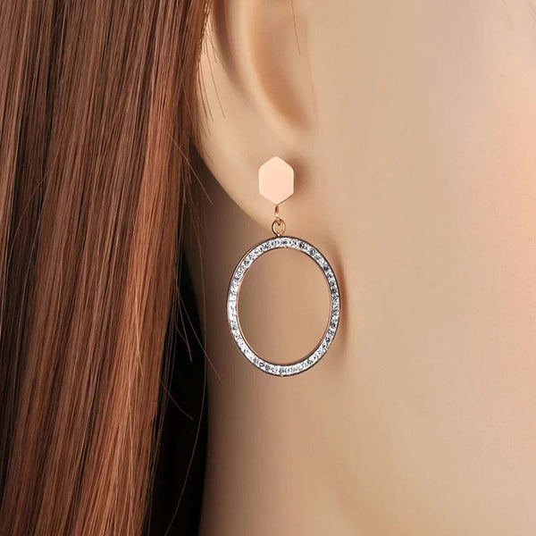 Trendy Rose Gold Color Round Circle Shiny CZ Crystal Stud Earrings For Women