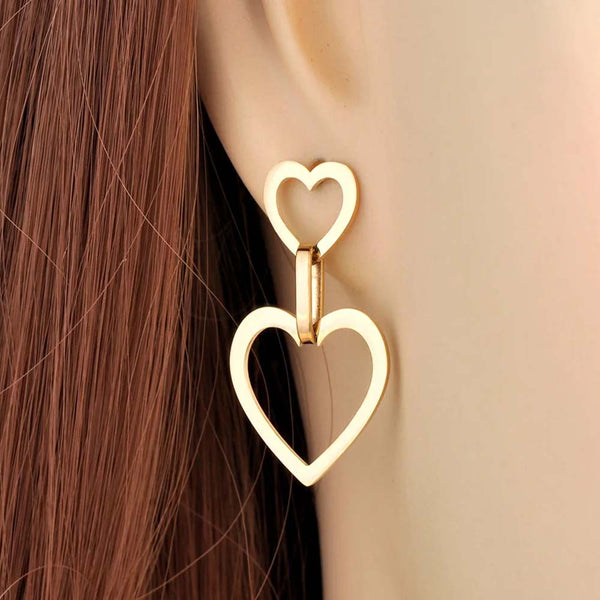 Trendy 18K Gold Stainless Steel Double Heart Wedding Earrings For Women