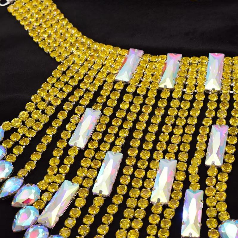 SS28 Rhinestone Bright Yellow Long Tassel Earring Necklace Set