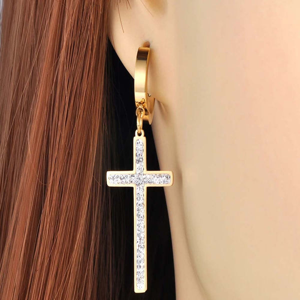 Stainless Steel Sparkling Rhinestone Cross Hoop Earrings