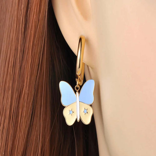 Fashion Titanium Stainless Steel Glaze Butterfly Hoop Earrings