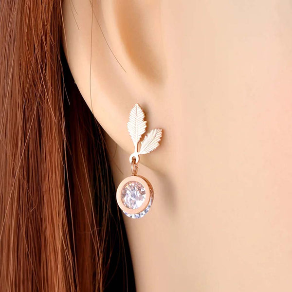 Gold Plated Cubic Zirconia Tree Leaves Stud Earrings Stainless Steel Trendy Plant Earrings