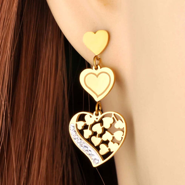 Stainless Steel Heart Dangle Earrings Fashion Golden Romantic Hanging Earrings for Women