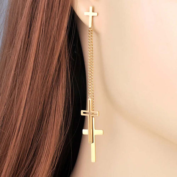 Gold Plated Stainless Steel Cross Tassel Drop Earrings