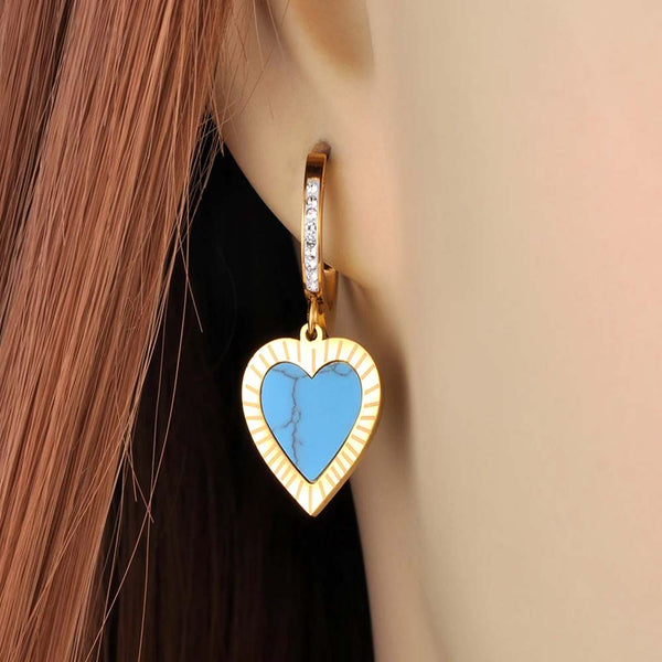 Trendy Titanium Stainless Steel Turquoise Heart Hoop Earring