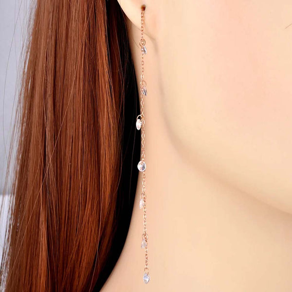 Trendy Titanium Stainless Steel White CZ Crystal Tassel Earrings