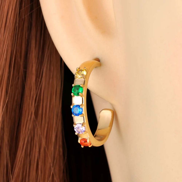 14K Gold Plated Hoop Earrings For Women Girls Stainless Steel Colorful CZ Crystal Hoop Earrings