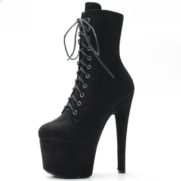 7 Inch Heel (17CM) Faux Suede Platform Lace-Up Front Pole Dancing Ankle Boots