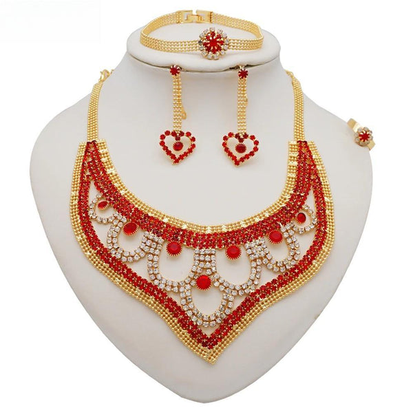 African Red Crystal Jewelry Set Rhinestone Necklace Earrings Set For  Women