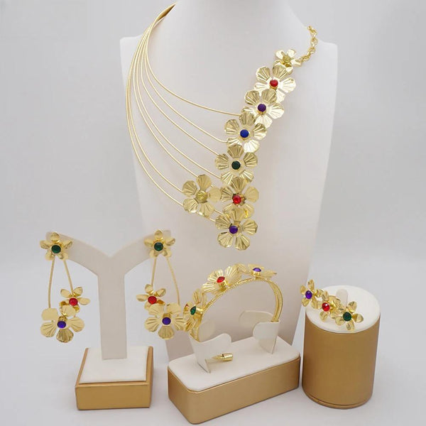 Dubai Gold Color Flower Jewelry Sets For Women Costume India Jewellery Set