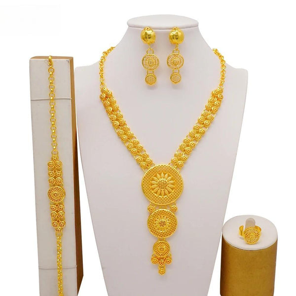 Dubai Gold Color Long Necklace Earrings Bracelet Ring Wedding Party Gifts