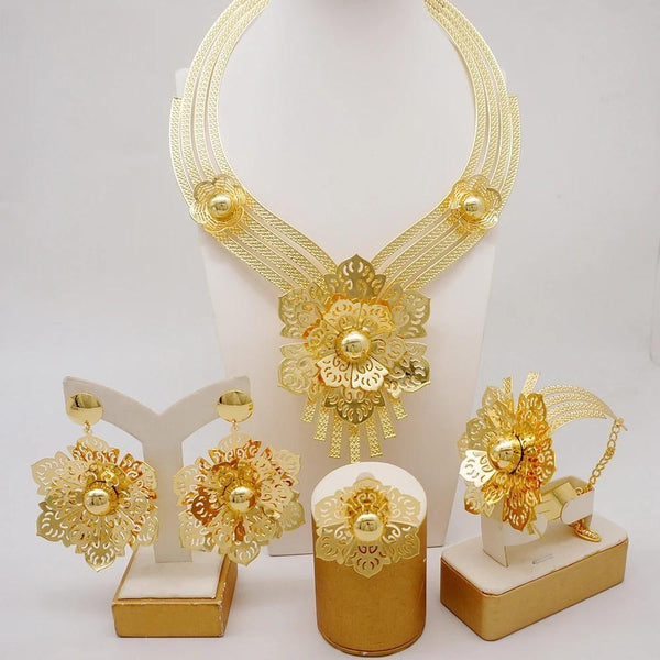 Fashion Big Flower Jewelry Sets For Women Copper Earring Big Necklace