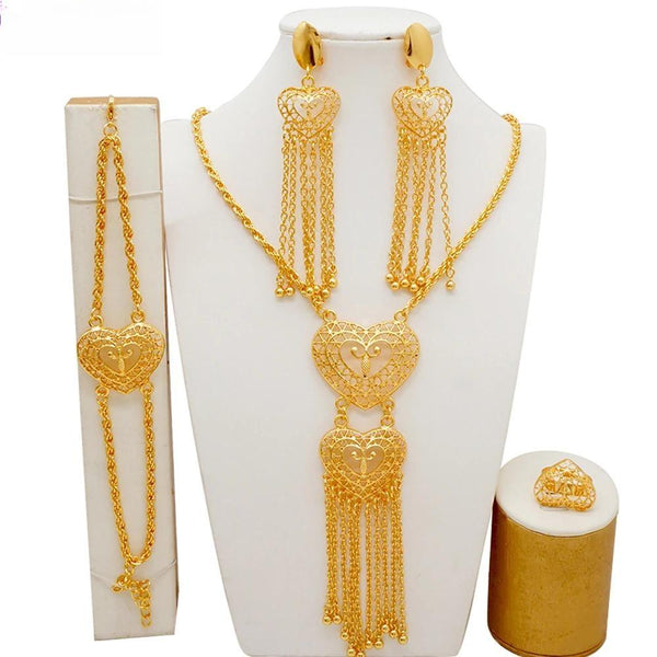 Luxury Indian Jewelry Gold Color Heart Shape Necklace Set Bridal Long Necklace Earrings Set