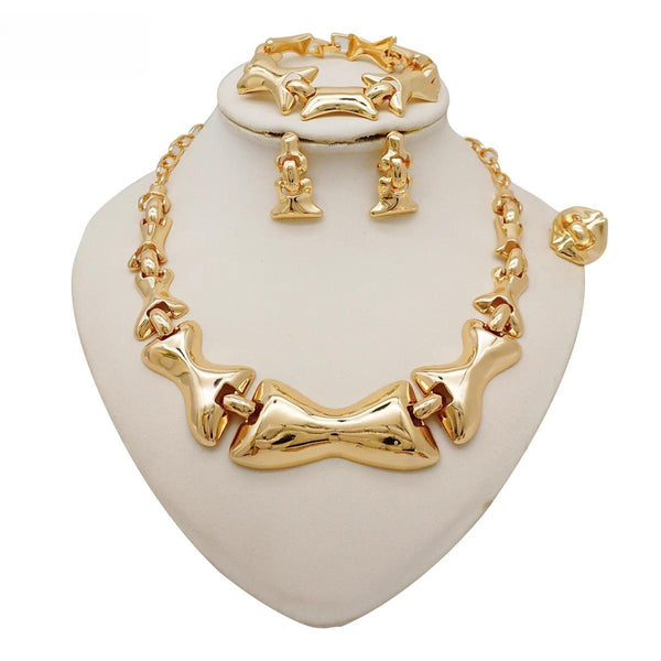 Dubai Gold Color Big Necklace Earring Ring Bracelet Sets For Women