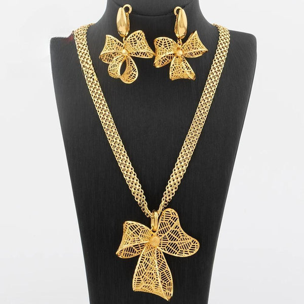 Hollow Flower Pendant Arabic Dubai Earring African Chain Jewelry Set for Women