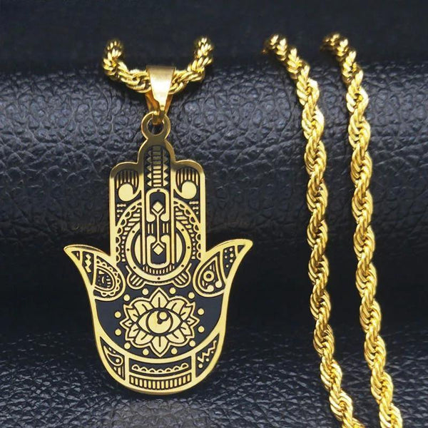 Fashion Hamsa Hand Stainless Steel Chain Necklace for Men Gold Color Necklaces