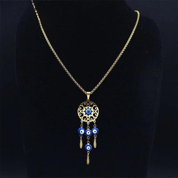 Turkey Eye Flower of Life Charm Necklace Stainless Steel Gold Color Feather Dream Catcher Necklaces