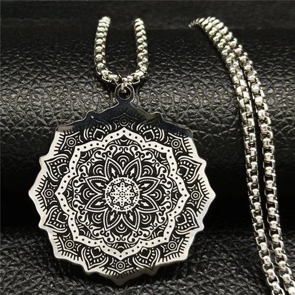 Wicca Lotus Stainless Steel Chain Necklace for Men Silver Color Yoga Mandala