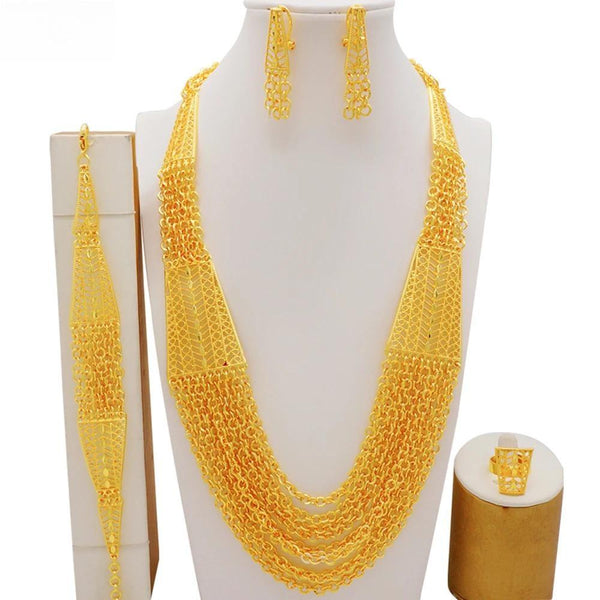 Luxury African Dubai Gold Color Jewelry Set For Women Long Chain Tassel Necklace Set