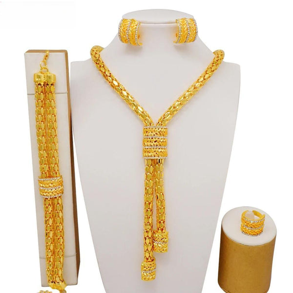 Fashion Dubai  African Wedding Tassel  Long Chain Necklace Earring Bracelet Ring Set