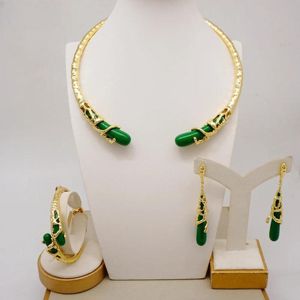 Luxury Dubai Gold Color  Green Bead Brazilian Necklace Earrings Sets