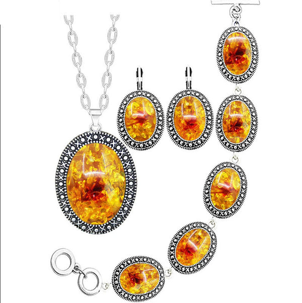 Oval Flower Simulated Ambers Necklace Earrings Bracelet Jewelry Set