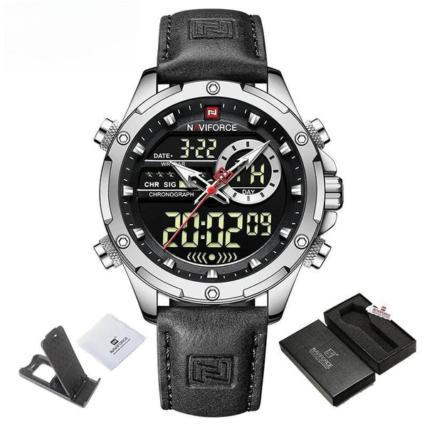 Fashion Mens Casual Green Leather Watch Military Waterproof Digital Chronograph Quartz Man Wristwatch