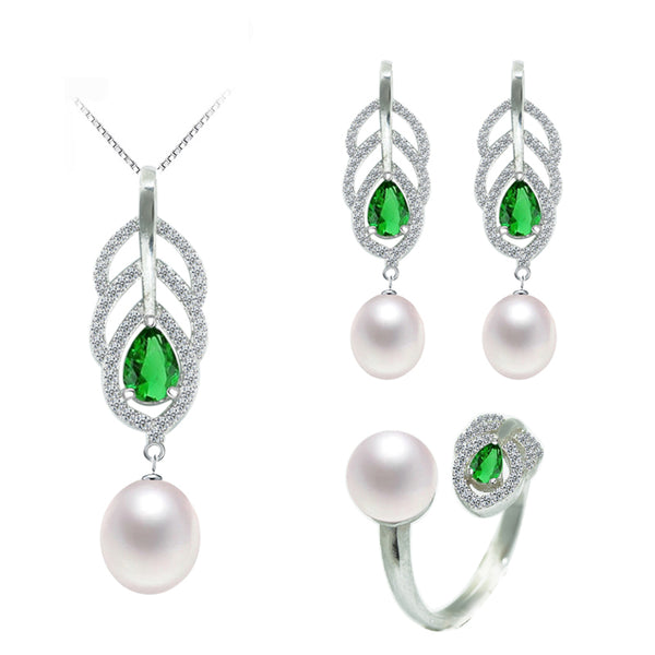 Pearl Jewelry Sets Natural Freshwater Pearls Feather Necklace Earrings Ring