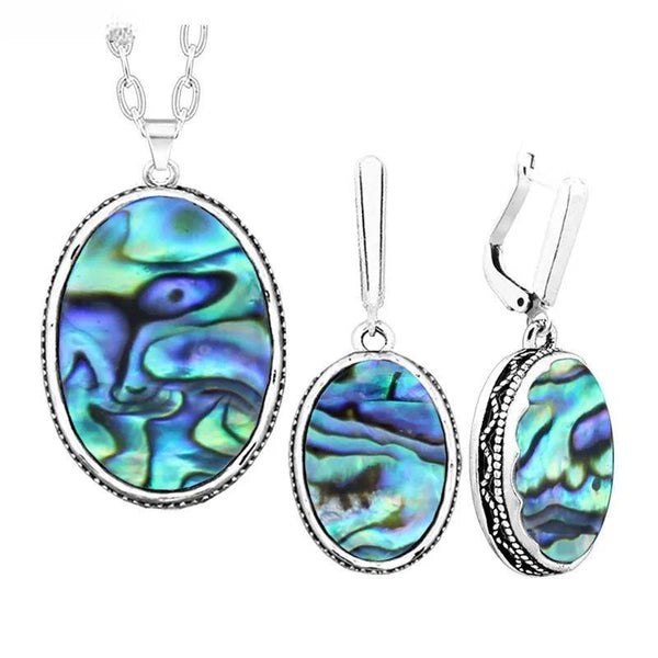 Oval Shell Jewelry Set For Women Classic Design Antique Silver Plated Necklace Earrings