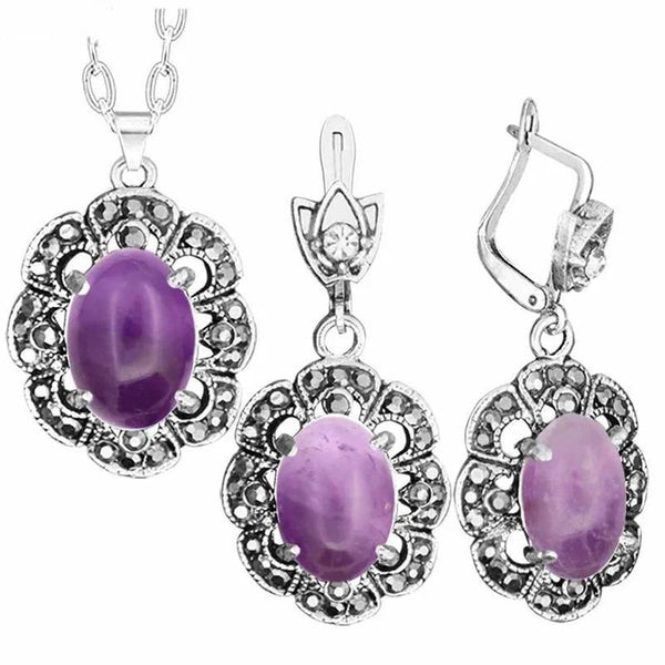 Natural Amethysts Necklace Earrings Jewelry Set