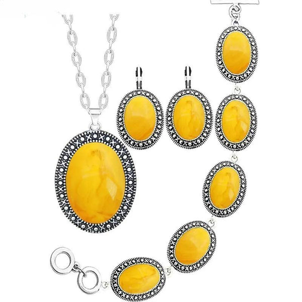 Oval Simulated Beeswax Jewelry Set Antique Silver Plated   Necklace Earrings Bracelet