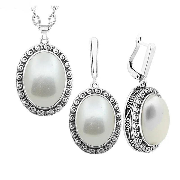 Oval Pearl Necklace Earrings Jewelry Set For Women