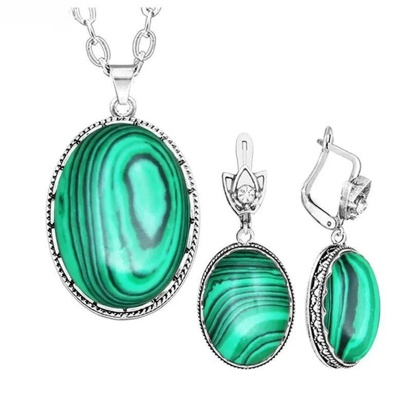 Oval Malachite Necklace Earrings Jewelry Set For Women