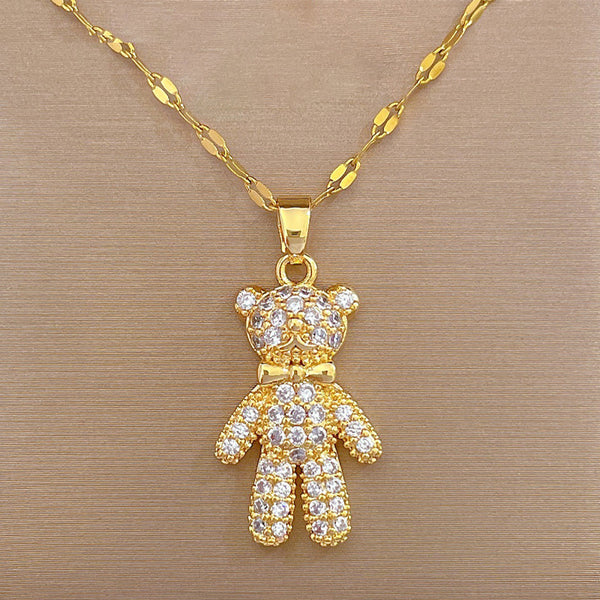 Gold Plated Charming Cute Bear Luxry Zirconia Pendant Neckalce For Women