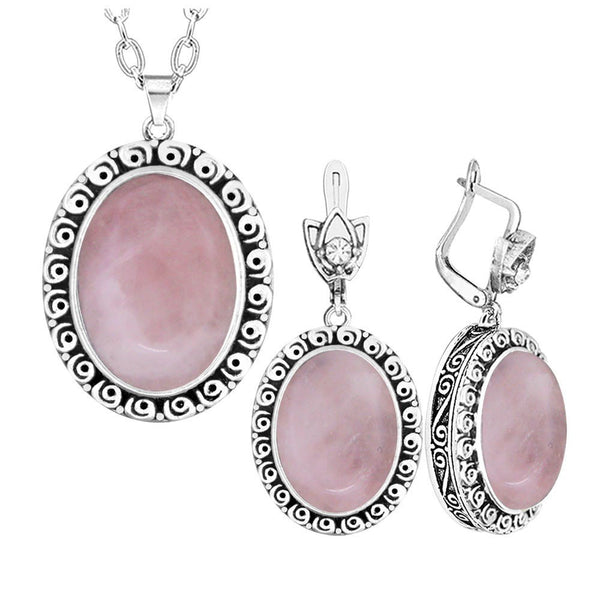 Oval Pink Quartz Amethysts Natural Stone Jewelry Set