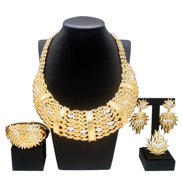 Woman Jewelry Set Italian Gold Plated Big Necklace Bracelet Ring