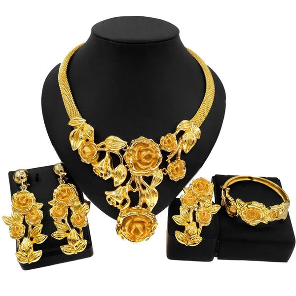 Women Rose Flower Ring Delicate Gold Plated Imitation Gold Pendant Necklace Jewelry Set