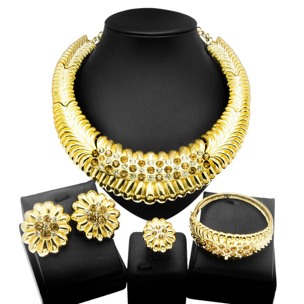 Gild Gold Exaggerated Smothering Champagne Rhinestone Necklace Jewelry Sets