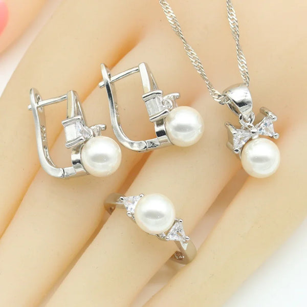 White Pearls Silver Color Jewelry Set for Women