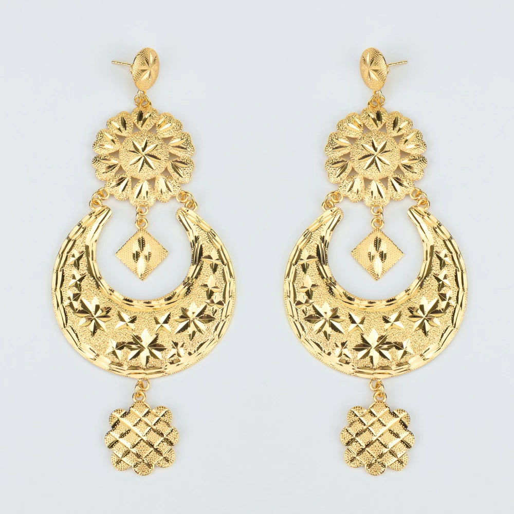 Dubai  Gold Color Large Drop Earrings Pendant Necklace Banquet Wedding Jewelry Set