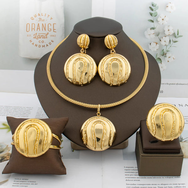 Dubai Gold Color  Hoop Earrings Necklace Women Ring Bracelet Jewelry Set