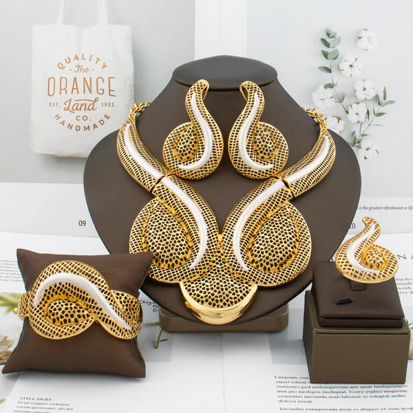 Fashion Lady  Large Necklace Gold Color Earrings Luxury Bracelet Ring Jewelry Sets