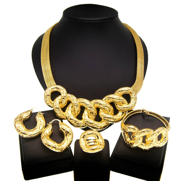 Woman Necklace Earrings Jewelry Set Gold Plated Pendant Bracelet